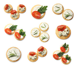 Delicious crackers with different toppings isolated on white, collage. Top view