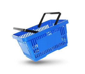 Blue shopping basket in air on white background