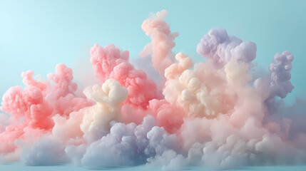 Fototapeta premium Whimsical display of pastel cloud formations varying in color against a soft background ethereal textures create a soot. [Toxic Carnival] | Soot Cotton Candy | charred fluff. Illustration