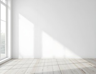 Fototapeta premium A white wall minimalist room for background use. A bright and airy room features clean white walls light wood flooring and a single potted plant creating a peaceful and uncluttered modern aesthetic.
