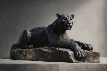 Dark panther sculpture resting on a rock base.