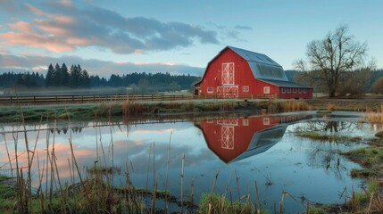 Obraz premium Serene sunrise paints red barn perfect reflection magical rural landscape