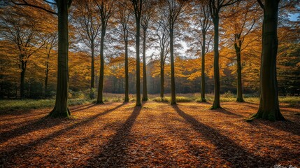 Fototapeta premium Autumn forest bathed in golden sunlight