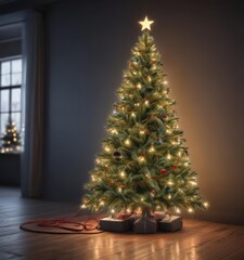 Electric cable adorned Christmas tree, festive illumination , decor, technology