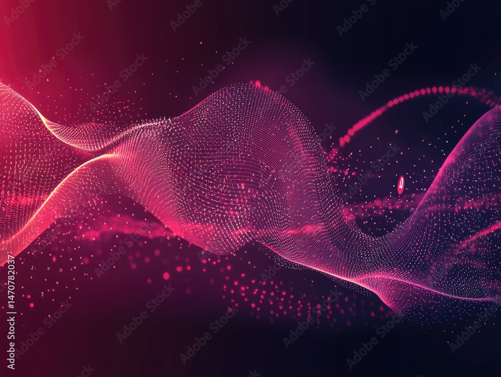Poster abstract digital data visualization of flowing particles in shades of red and purple against a dark 