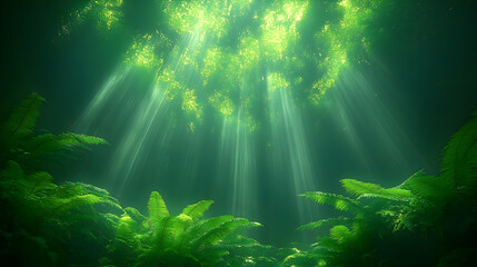 Obraz premium Underwater Sunlight Rays Illuminating Lush Green Foliage