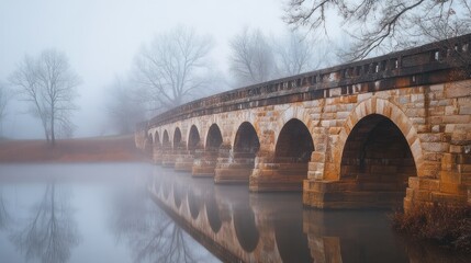 Fototapeta premium Stone arch bridge spans tranquil water on a foggy morning