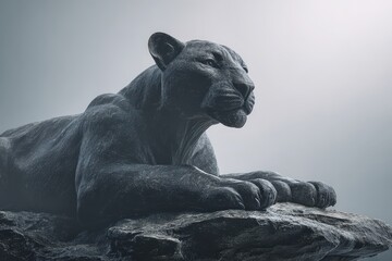 Fototapeta premium A majestic panther statue resting atop a rocky outcrop.
