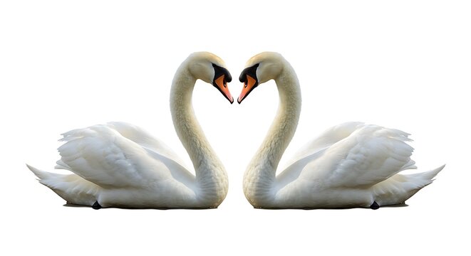 A pair of swans with curved necks forming a heart shape, centered on a pure white background, photorealistic style,
