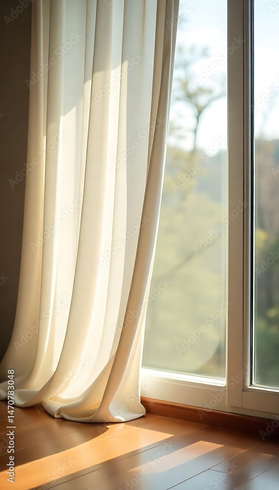 Poster generative ai serene sunlight streaming through window with flowing curtain