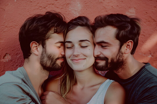 Polyamory of Two Men and One Woman enjoying closeness and tenderness in a Pride Month celebration of queer identity