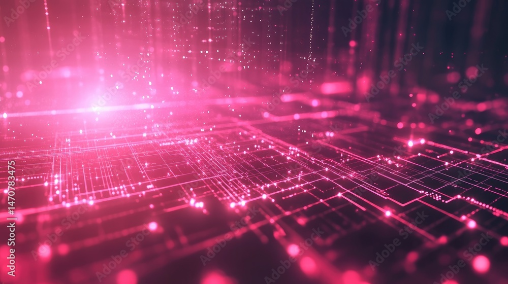 Poster abstract digital landscape with glowing pink data streams and circuit board details forming a futuri