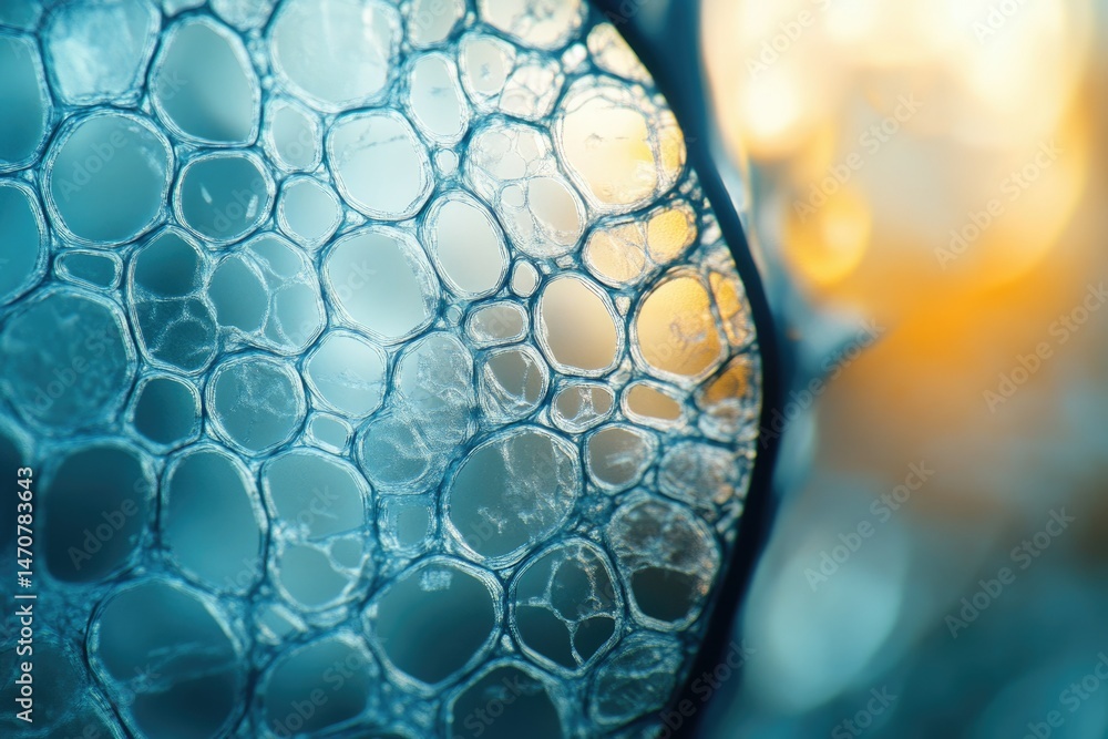Poster close-up of a delicate, interconnected, bubble-like structure, teal and translucent.
