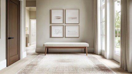 Artistic gallery wall in hallway with symmetrical frames and neutral background