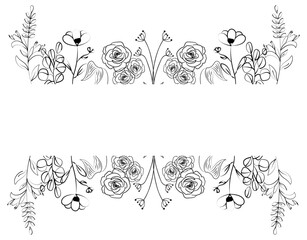 Wild flowers rectangle frame botanical hand drawn illustration. Floral frame of black color hand drawing roses and wild flowers with various leaves. Botanical illustration for card composition design.