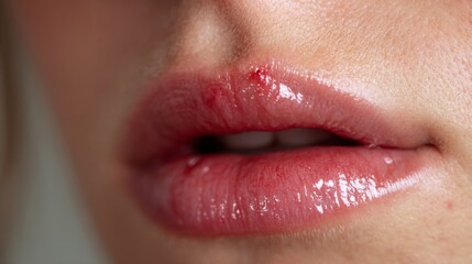 Fototapeta premium Close-up of a woman's lips showing a painful cold sore outbreak