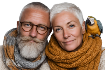 Closeup portrait of a senior couple with a parrot
