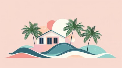 Minimal beach house design flat style isolated with geometric waves simple palms and pastel suns.