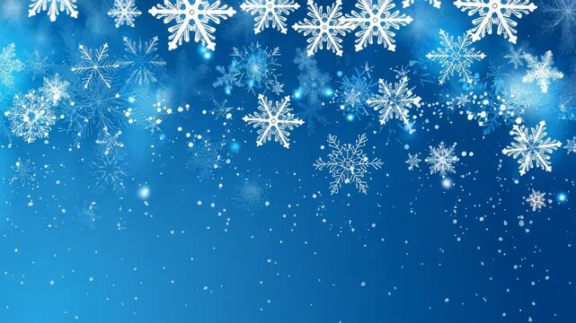 A cool-toned image with snowflakes falling on a blue backdrop evokes a wintery mood. The flakes are rendered with delicate, detailed designs. Great for seasonal decoration, designs, and backgrounds.