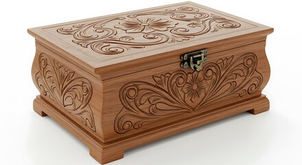 A beautifully carved wooden jewelry box with floral patterns, displayed in the center on a clean white background, ultra realistic detail, 
