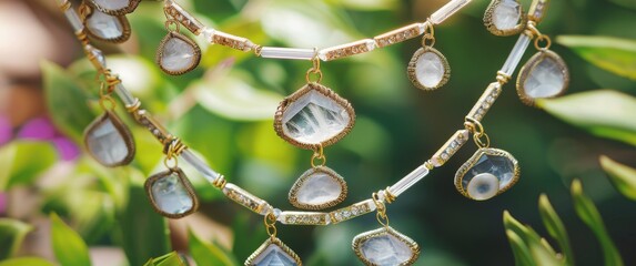Fototapeta premium Ethereal layered necklace moonstone pendants raw crystals hammered gold details outdoor natural light harsh shadows bohemian vibe.