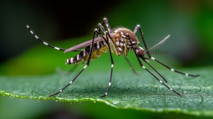 Fototapeta premium Mosquito resting on a green leaf in a macro shot detailed view