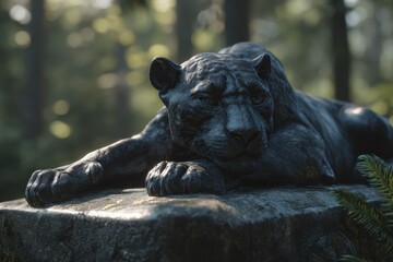 Dark panther sculpture rests on a stone pedestal in forest.