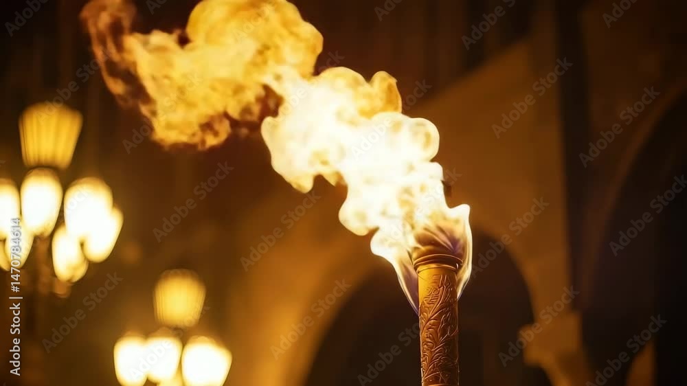 Poster flickering flame from a torch in a dark historic setting