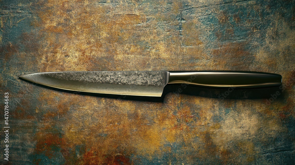 Poster a sharp knife rests on a textured and rustic surface