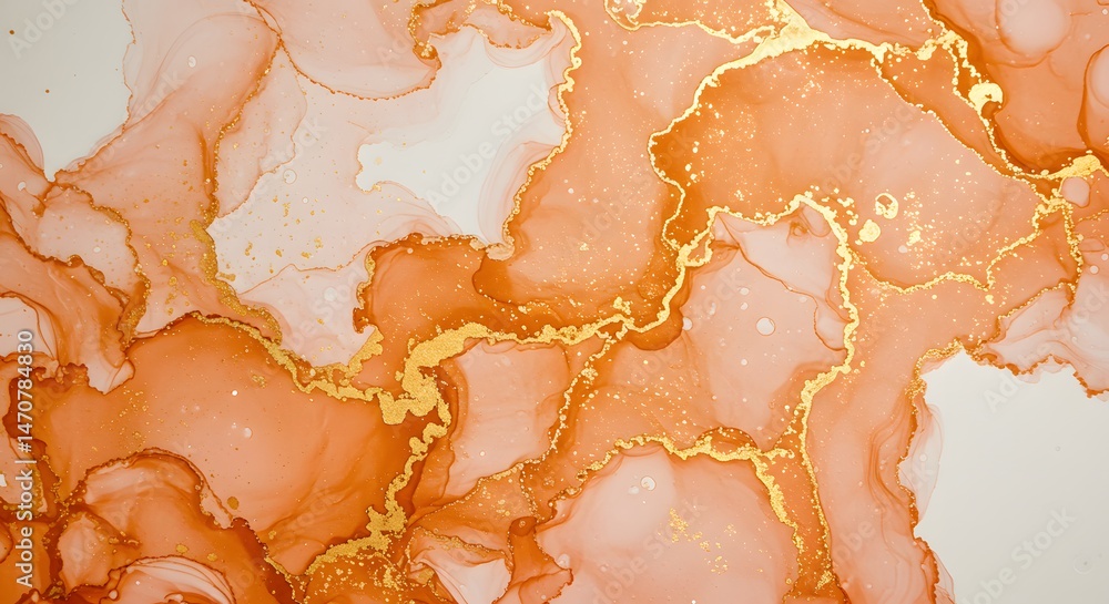 Poster elegant flowing orange pigment ink with glimmers of gold, creates a fluid abstract pattern perfect f