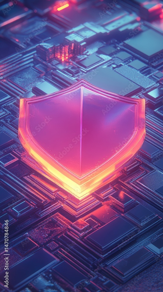 Poster glowing digital shield over circuit board. abstract cyber security concept of data protection. neon 