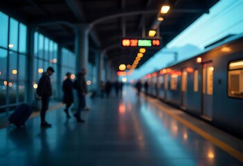 Generative AI Blurred depiction of travelers awaiting a train at dusk