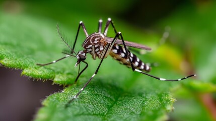 Tiger mosquito resting on a vibrant green leaf showcasing its stripes