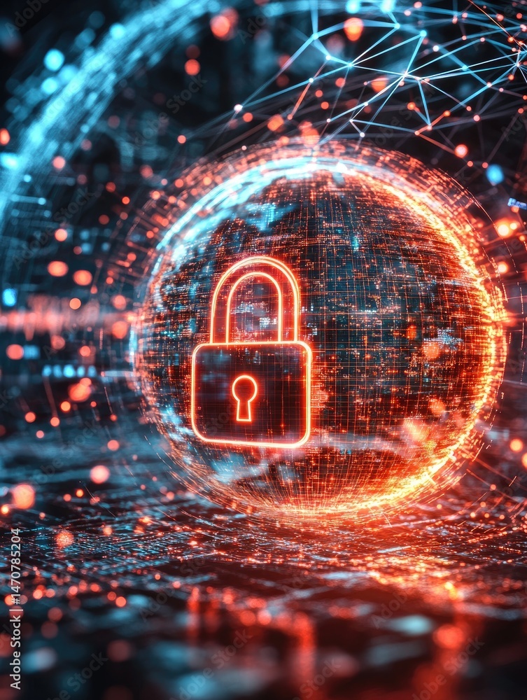 Poster abstract illustration featuring a glowing lock symbol within a digital sphere of interconnected line