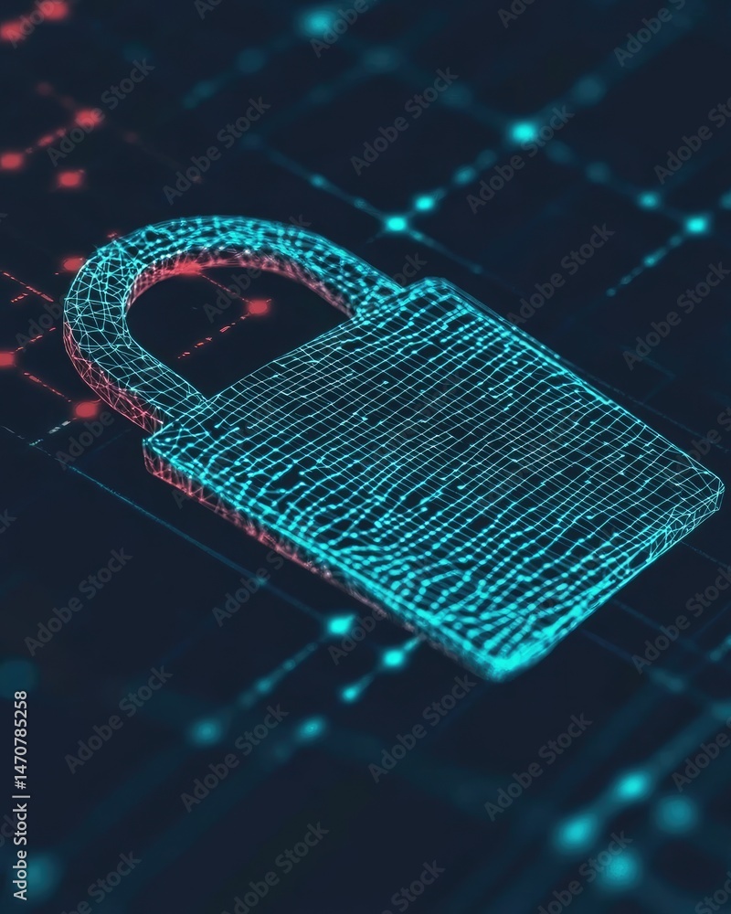 Poster digital padlock illustration glowing against a dark background composed of interconnected lines and 
