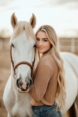 Obraz premium Young woman with long blonde hair smiles at camera while standing with white horse in rural countryside