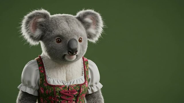 Koala bear in traditional costume against a green background