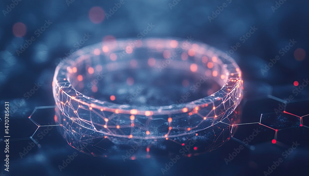 Poster futuristic digital ring design with interconnected glowing nodes against a dark background. a networ