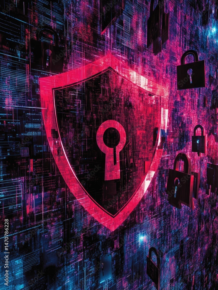 Poster digital security concept with a shield and padlock symbols. abstract background of data streams in b