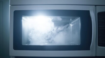Obraz premium Clean microwave interior with steam residue and light reflecting on smooth surface