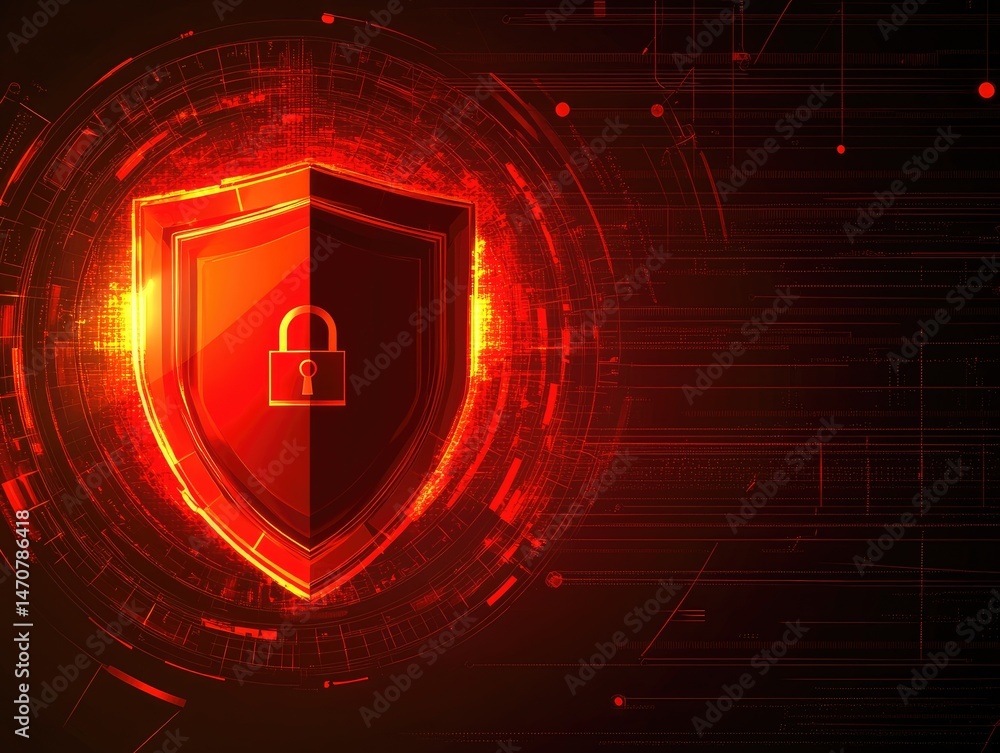 Poster a digital shield icon in fiery red with a padlock symbol set against a network of glowing particles 