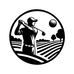 Golf Player Couse Ball Tree Field Logo Sign Graphic Silhouette Shape Clipart Digital Art Illustration