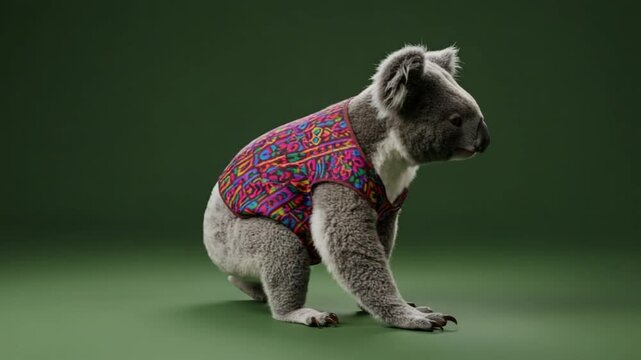 Koala bear in colorful shirt sitting on a green background portrait
