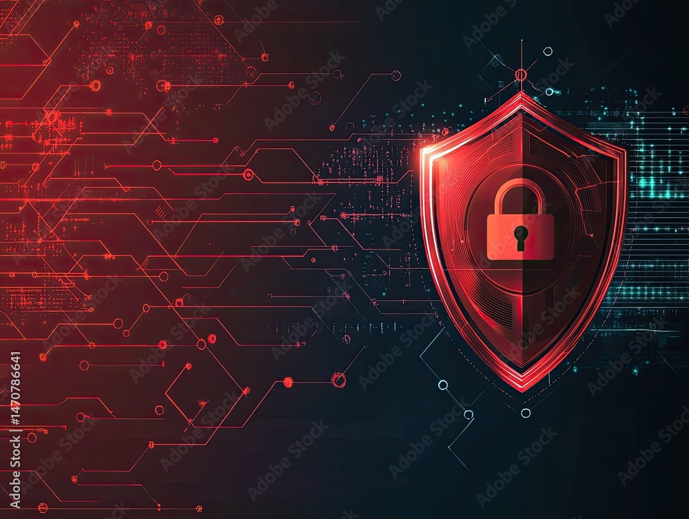 Poster abstract digital shield with a padlock symbol in a cybernetic environment. glowing red circuits and 