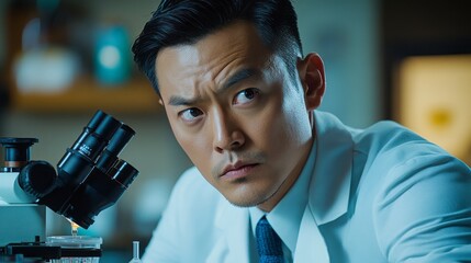 Intrigued male scientist intensely examining a microscope.