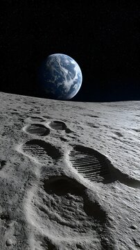 Earth Viewed From Gray Moon Surface with Footprints Under Starry Sky