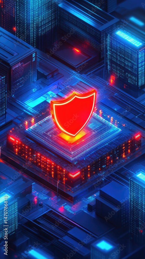 Poster abstract cybersecurity concept featuring a digital shield glowing red atop a circuit board with neon