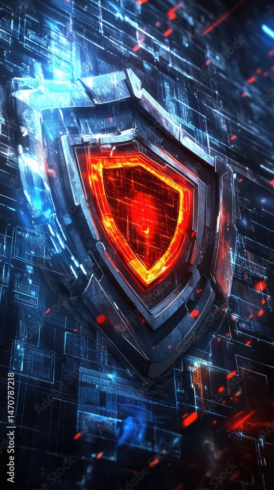 Poster digital shield with red core glowing on black surface symbolizing data protection in cyberspace. blu
