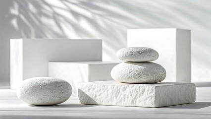 Serene white stones balanced on minimalist white cube platforms against a soft light background creating a tranquil spa scene.