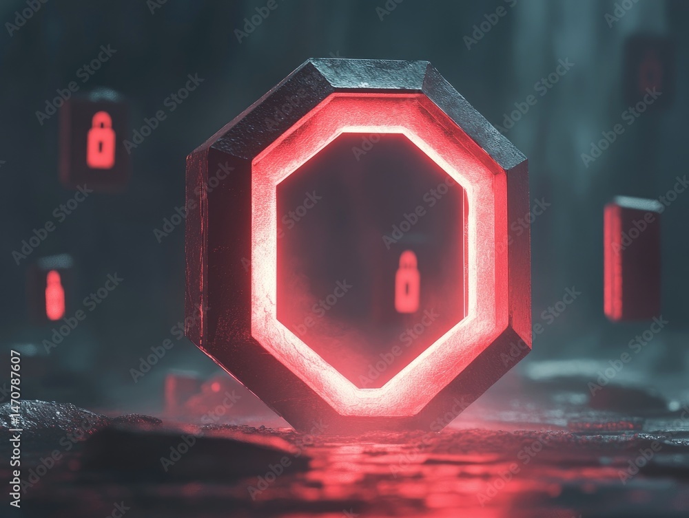 Poster a futuristic geometric object with a glowing red outline and lock symbols floats in a dark, misty en